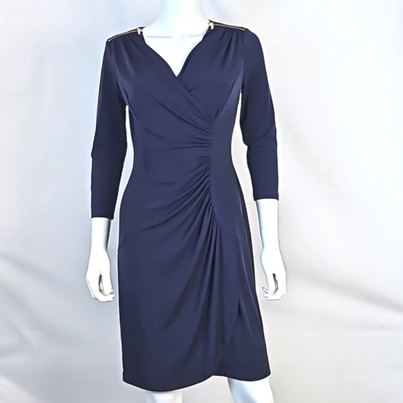 Calvin Klein Navy Blue Strech Jersey Zipper Shoulder V Neck Ruched Sheat… - Picture 1 of 16